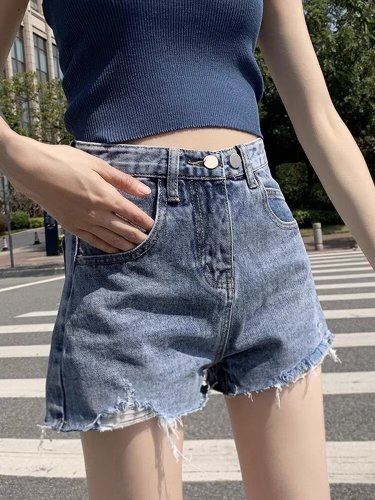 Denim shorts women's high waist summer 2024 new trendy ins loose slimming wide leg ripped internet celebrity a-line hot pants