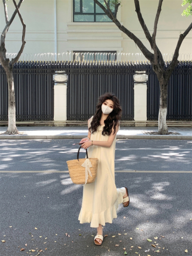 Actual shot#French gentle style apricot ruffled dress for women summer small flying sleeves loose slimming long skirt