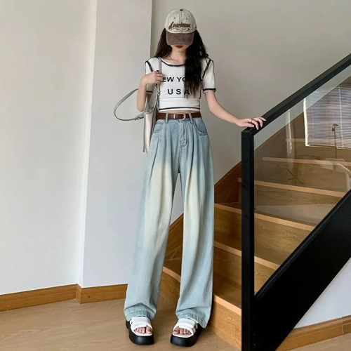 Blue denim wide-leg pants for women in spring and autumn, high-waisted, loose, slim, narrow pleated pants, straight-leg floor-length pants with design
