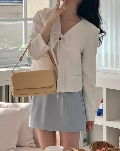 韩国chic春季法式小众高级感简约纯色绑带v领小个子短款开衫外套