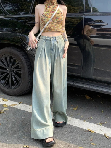 Spring and Autumn loose and versatile wide-leg slimming long pants Korean style flesh-covering high-waist straight floor-length jeans for women trendy