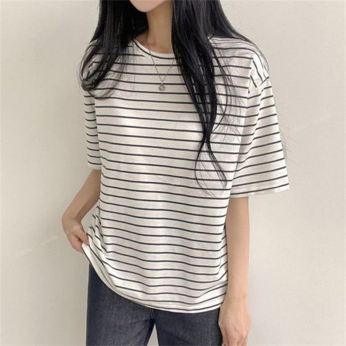 Striped short-sleeved T-shirt for women 2 summer Korean style mid-length ins style casual outer wear