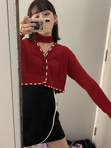 韩国新款小众设计手工线高腰针织衫女外套短款bm上衣V领毛衣开衫