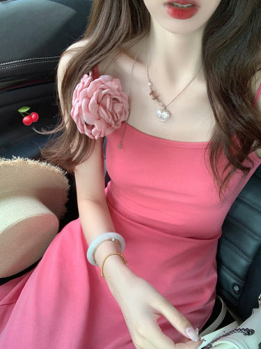 Real shot of knitted suspender pink dress for women in spring new style waist slim fit inner long skirt