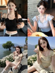 NIMO WANG 茶妹穿搭純欲t恤女夏小眾蕾絲拼接吊帶上衣小衫