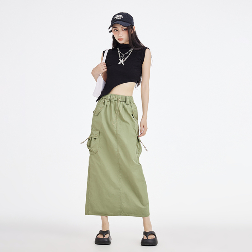 Real shot of Tencel cotton thin workwear drawstring skirt new slit casual mid-length skirt for women