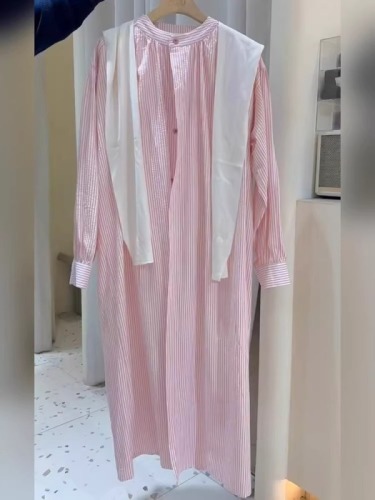 高级感超好看高端精致粉色条纹衬衫连衣裙法式慵懒风宽松气质长裙