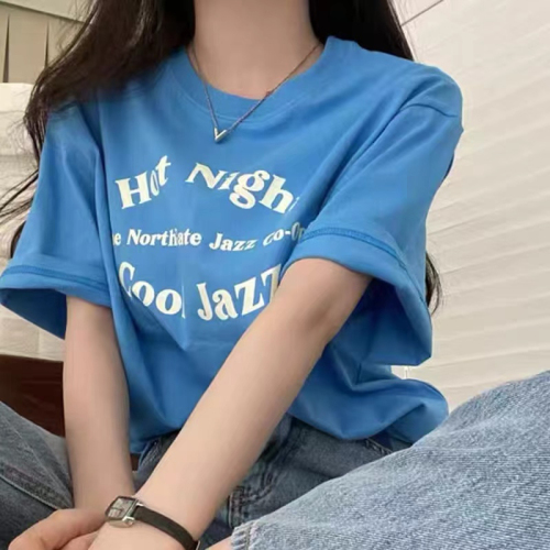 Korean chic summer simple basic round neck contrasting letter printing loose and versatile short-sleeved T-shirt tops for women