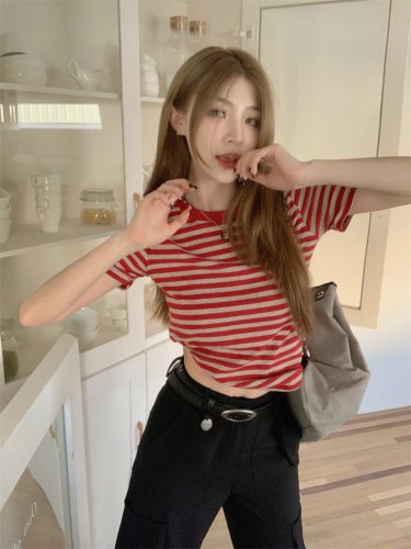 Actual shot~Striped short shoulder T-shirt for women, spring and summer new American slim retro top with inner layer