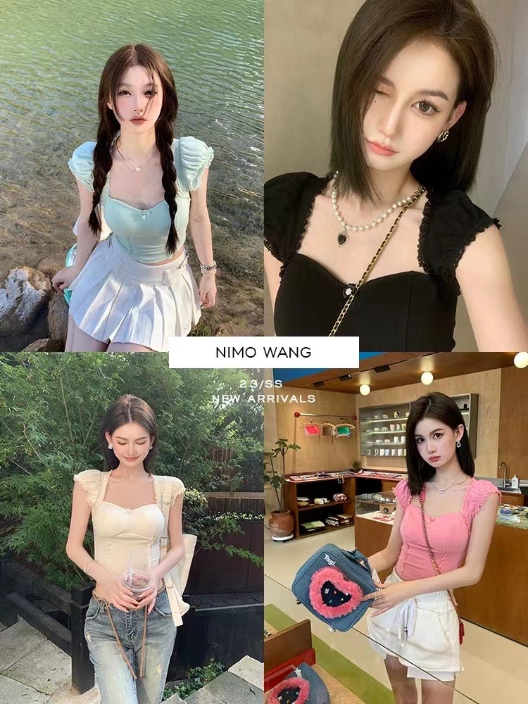 NIMO WANG戀愛告急綠色帶胸墊短袖背心女夏顯瘦高腰短款上衣