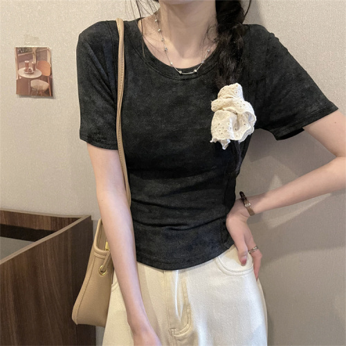 Real shot of gray short-sleeved T-shirt for women summer short slim-fitting top women's T-shirt