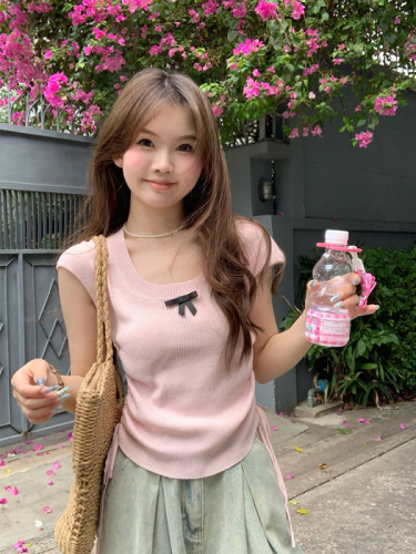 Real shot of colorful summer~Korean chic simple multi-color bow knitted waistcoat top for girls