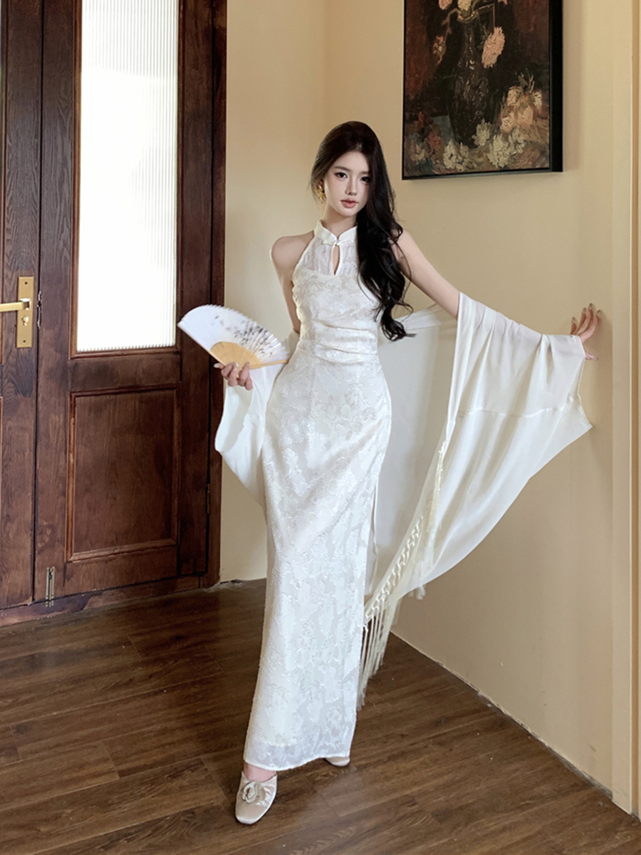 Real shot of new Chinese style retro improved cheongsam waist slimming dress hip-covering long skirt + tassel sun protection cardigan for women