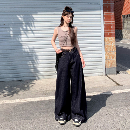 Actual shot of retro loose wide-leg pants, floor-length, versatile straight-leg jeans for women, spring and summer new & longer trousers