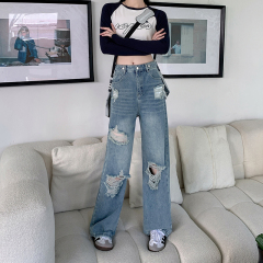 Real shot~ Adjustment button beggar ripped wide-leg jeans for women in summer high street loose straight floor mopping pants