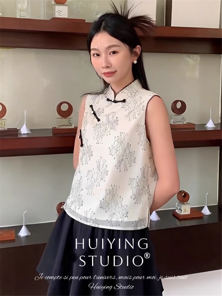 十三行春夏女2024新款新中式國風盤扣立領襯衫改良旗袍式背心上衣