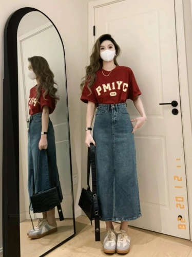 Summer women's clothing Hong Kong style American retro T-shirt top denim skirt salt style two-piece suit with light and mature style