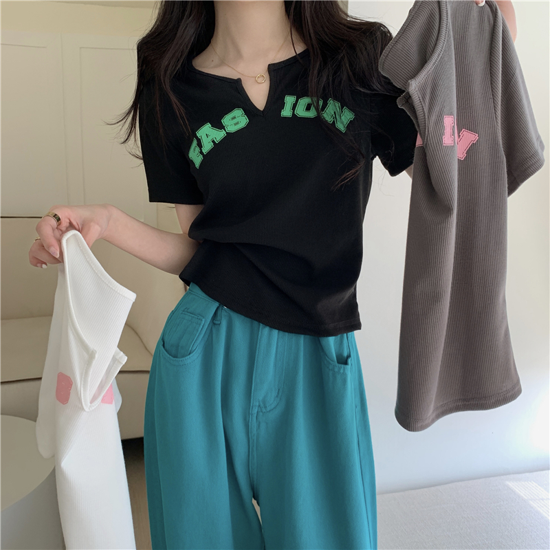 Real shot Summer new v-neck letter short-sleeved T-shirt top