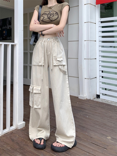 Real shot of American retro overalls, jeans, women's spring high-waisted straight wide-leg pants, loose long pants, trendy