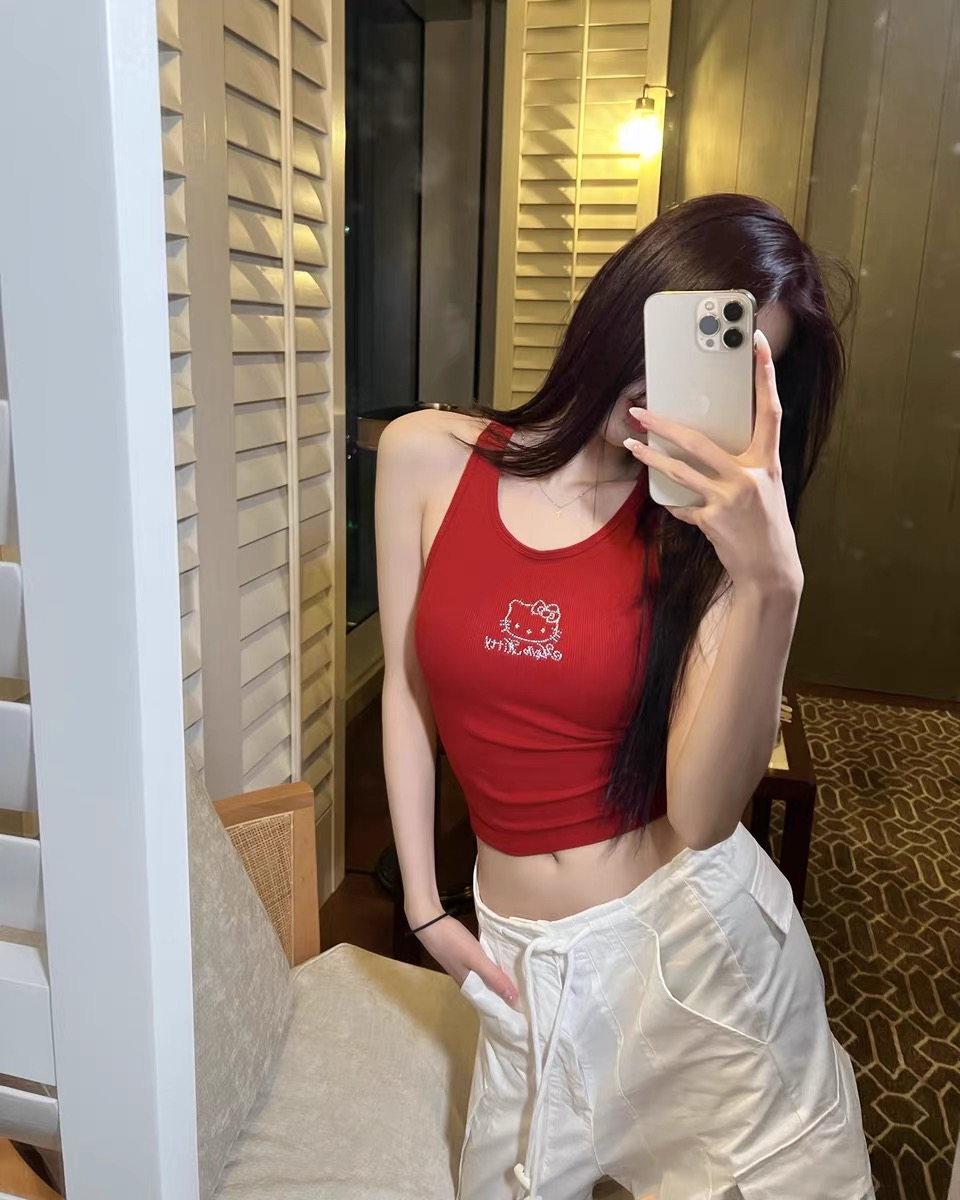 @uniken哈咯凱蒂修身短款胸墊辣妹上衣少女閃鑽交叉露背背心