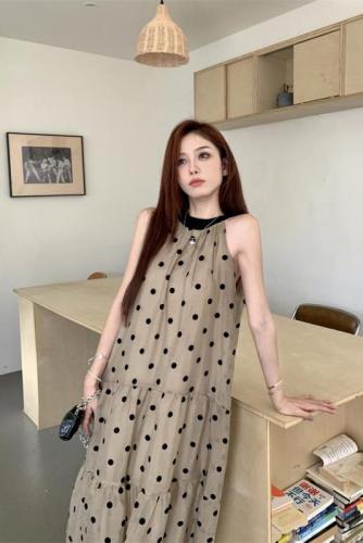 Actual shot ~ French retro flocking polka-dot halter dress summer sleeveless off-shoulder long skirt