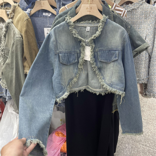 Hong Kong style retro distressed washed denim jacket for women petite high-waisted short fringed cardigan jacket top