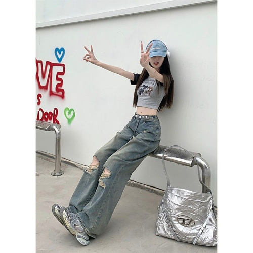 American retro ripped wide leg jeans for women summer new large size fat mm high waist design straight leg mopping pants
