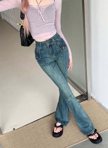 Real shot of retro blue high-waisted bell-bottom pants 2024 spring new bootcut jeans slim fit floor-length pants