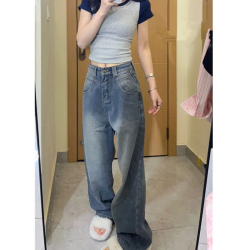 Nostalgic blue wide-leg jeans 2024 new retro loose drape design starry sky pattern high-waisted floor-length pants for women