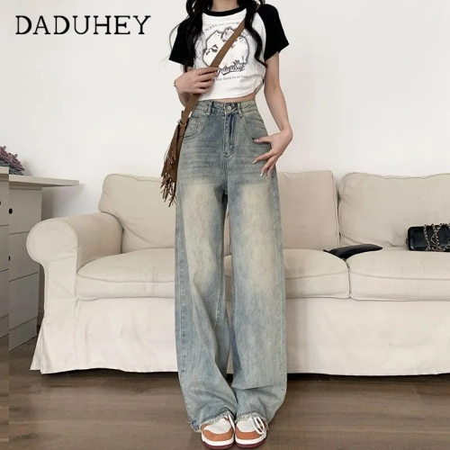 Wide-leg jeans for women spring and autumn 2024 new American loose retro slim raw edge floor-length straight denim trousers