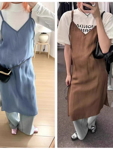 Korean 2024 spring style early spring layered solid color gauze skirt suspender long dress