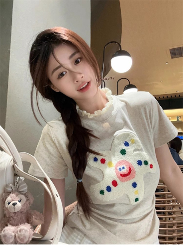 Official picture 40 count cotton rib 92 cotton 8 spandex star towel embroidered T-shirt women's short-sleeved lace splicing top