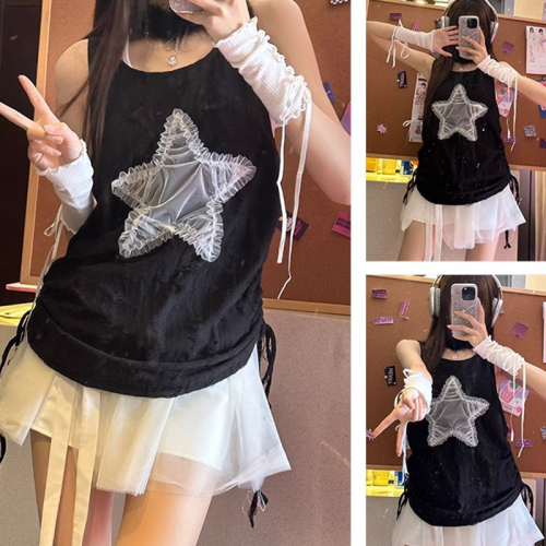 Official Photo Hot Girl Star Mesh Sleeveless Vest Suspender Women's Summer Loose Slimming Strap Drawstring Top