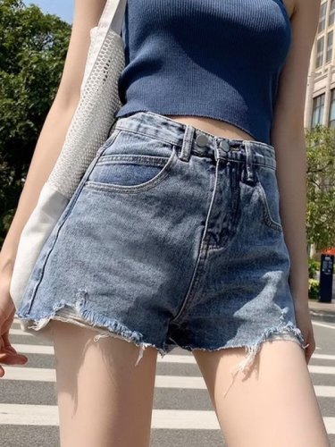 Denim shorts women's high waist summer 2024 new trendy ins loose slimming wide leg ripped internet celebrity a-line hot pants