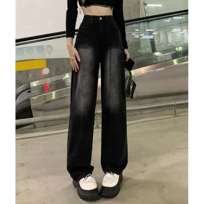 American retro black high-waisted denim 2024 spring and summer new straight-leg loose slimming floor-length wide-leg pants ins trend