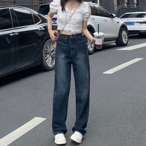 Spring and Autumn new style large pocket design straight-leg floor-length mopping pants for women, tall and slim, casual wide-leg denim long pants for summer