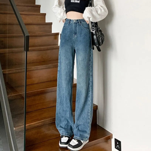 Jeans for women, high-waisted, slim, versatile, drapey, wide-leg pants, loose, large size, students' straight retro blue floor-length trousers