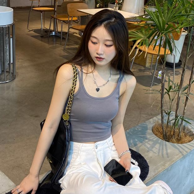 已出貨 羅紋 帶胸墊 歐美風背心女百搭純色上衣