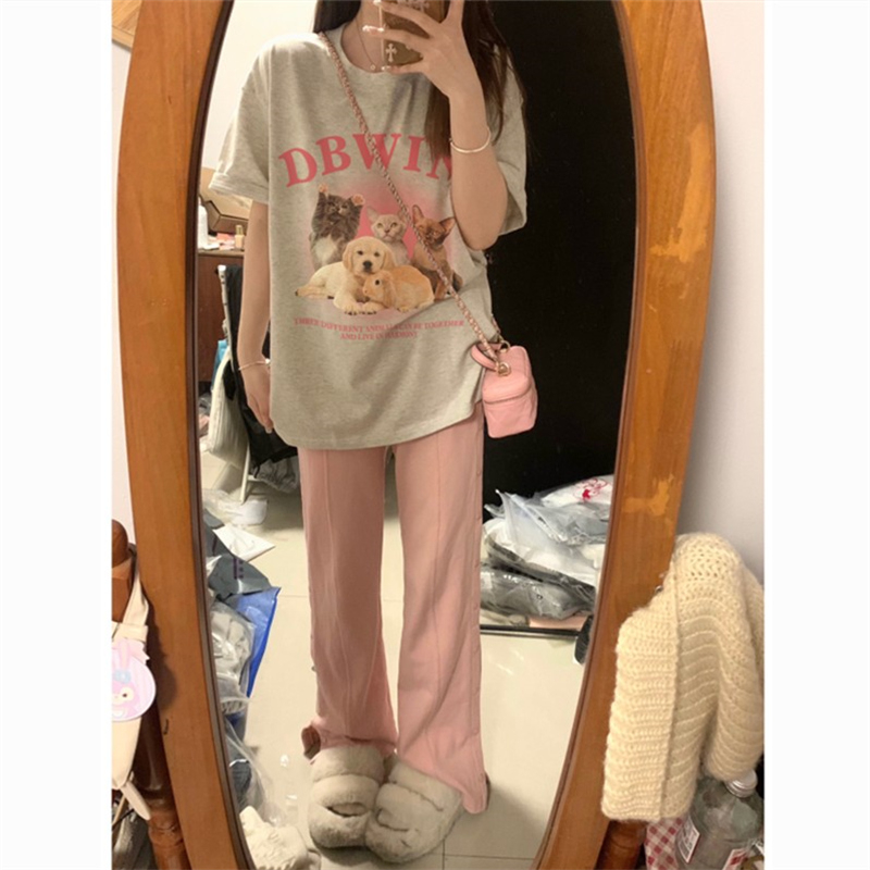 Pure cotton 200g bag collar American retro Hong Kong flavor chic cartoon short-sleeved T-shirt women's summer loose top