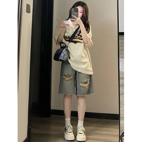 Retro ripped denim shorts women's summer ins new loose slimming high street design wide leg mid-pants