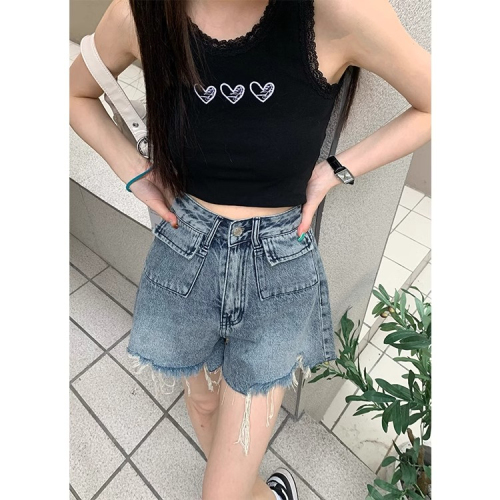 American hot girl retro raw edge design jeans for women summer new high-waisted loose slimming A-line shorts