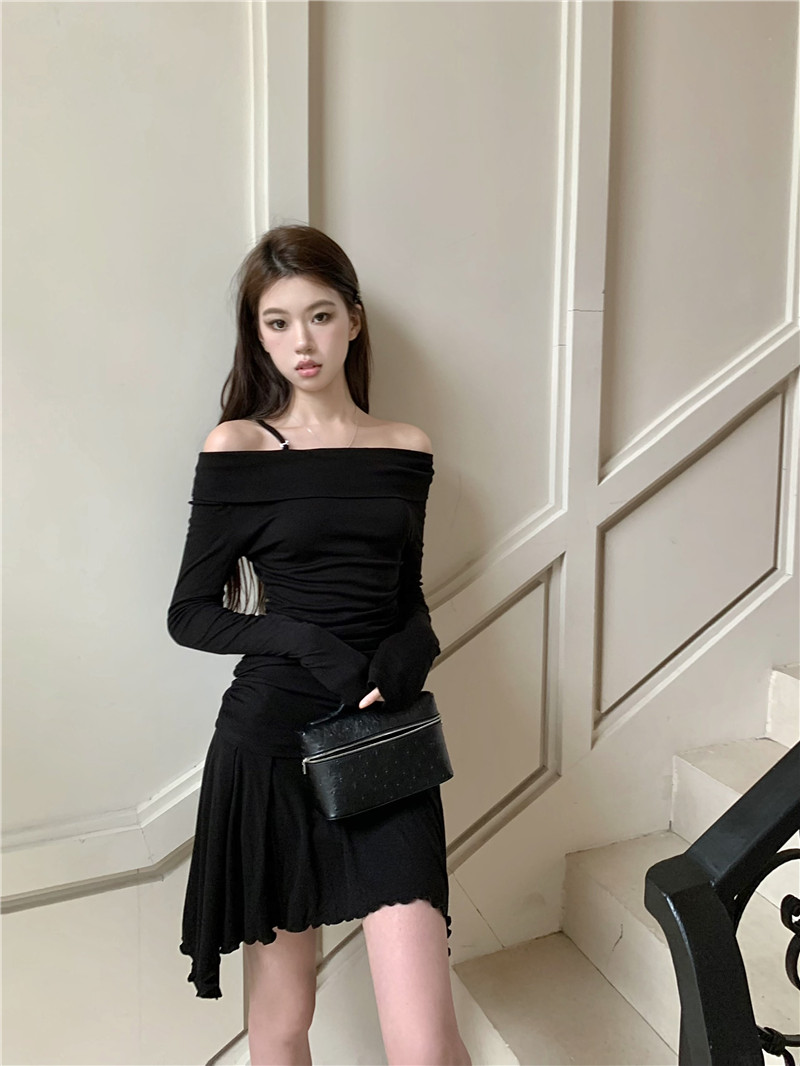 Real shot of high-end design off-the-shoulder irregular heavy-duty dress