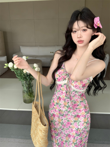 Actual shot ~ Oil painting wild rose ~ Floral suspender dress for women summer splicing lace waist slimming long skirt