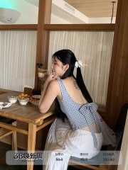 紅人館格子背心女2024新款夏季內搭藍色打底辣妹法式別致無袖上衣