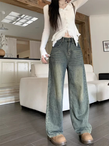 Retro distressed straight-leg jeans for women in spring and summer American high street casual high-waisted loose slimming wide-leg floor-length trousers