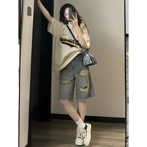 Retro ripped denim shorts women's summer ins new loose slimming high street design wide leg mid-pants