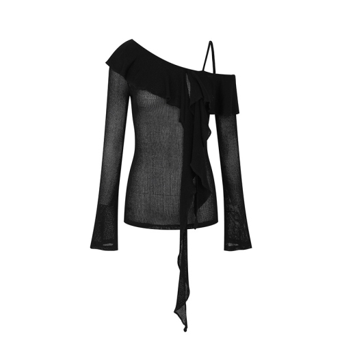 Black ruffled one-shoulder bottoming shirt for women in early spring new tea style chic off-shoulder suspender top