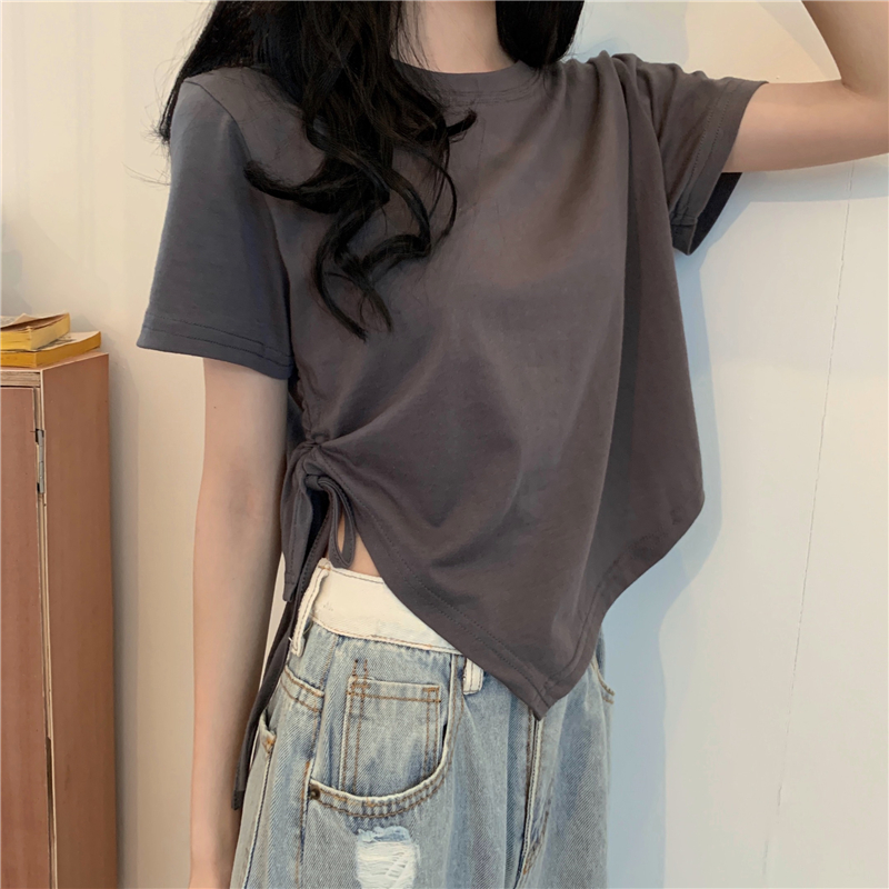 Real shot of irregular drawstring hem short T-shirt women's slit short-sleeved top