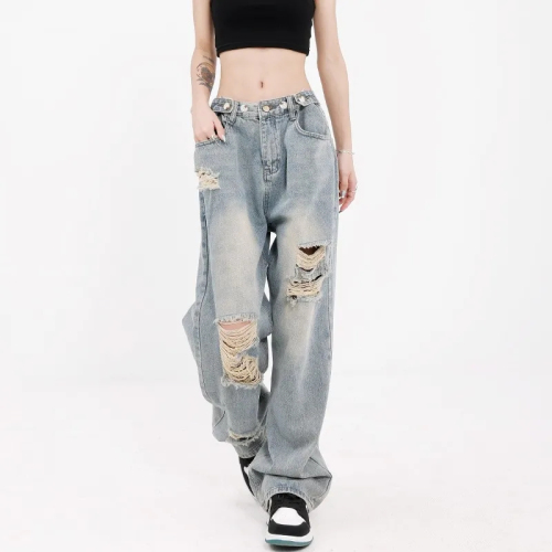 Retro ripped washed gradient jeans for women spring and summer plus size fat mm loose straight casual floor-length wide-leg pants