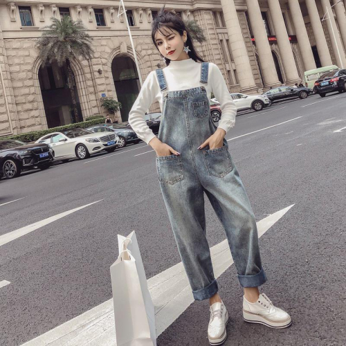 Spring new style large size fat mm Korean style student loose slim overalls female internet celebrity denim jeans